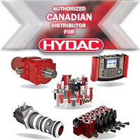 Authorized Canadian Distributor for Hydac". Different products ranging from solenoid valves, electronic controls, control sensors, Fluid sensors, and conditon monitoring.